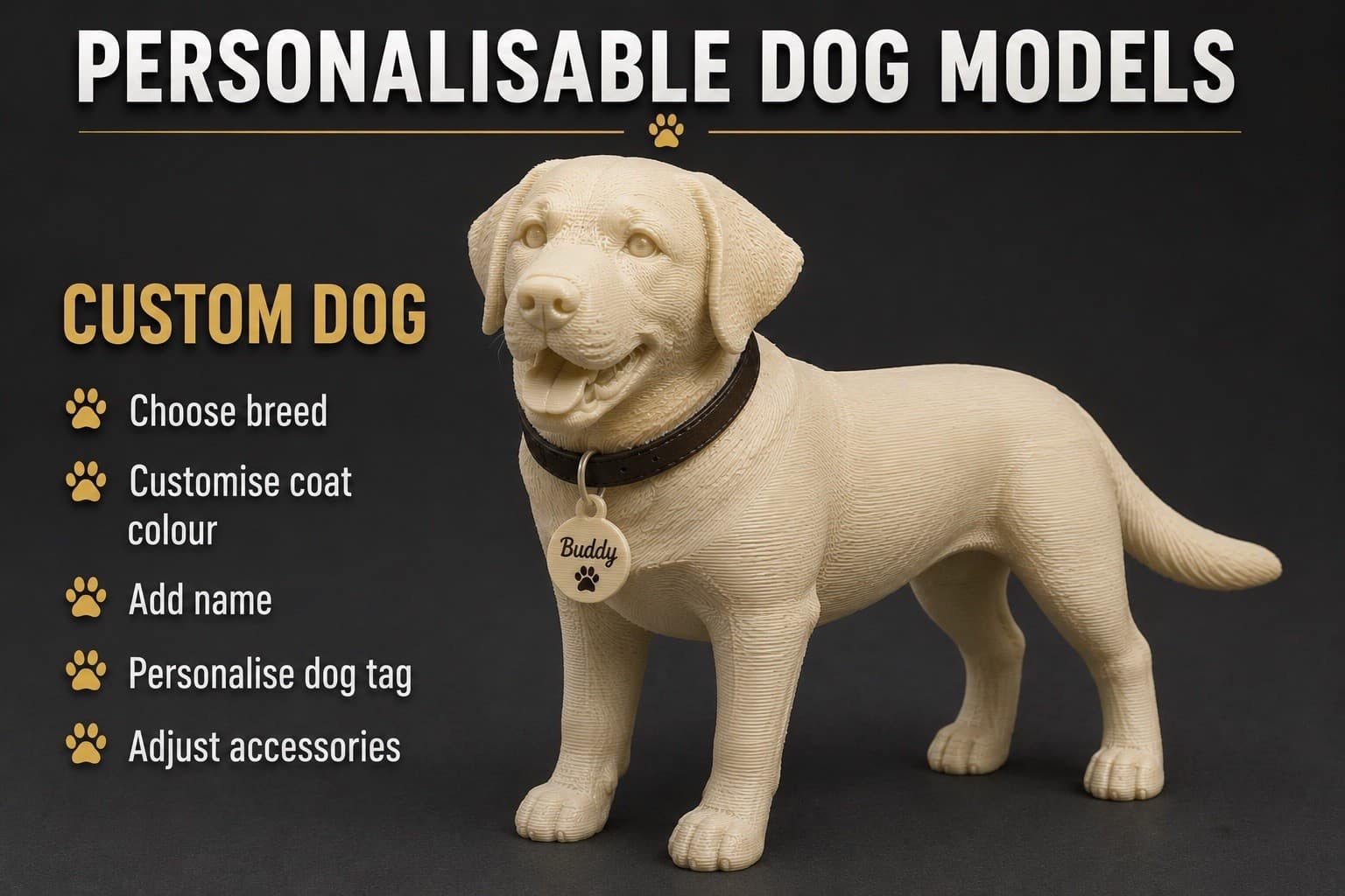 Personalised 3D Printed Dog Model Custom Pet Figurine with Name Dog Tag Gift